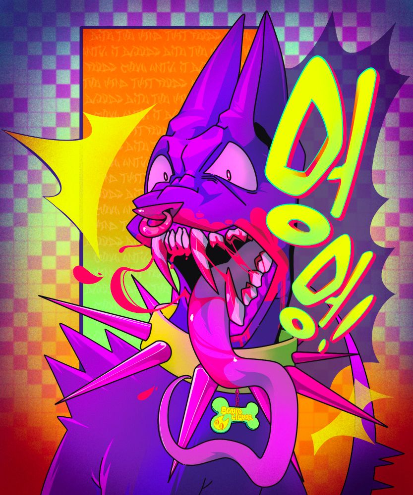 An angry, snarling doberman in a spiked collar lashes its tongue out, spraying blood as it barks. Korean text reads "mong mong!", which in english would be "bark bark" or "woof woof". The dog is brightly colored and set against a neon checkerboard background.