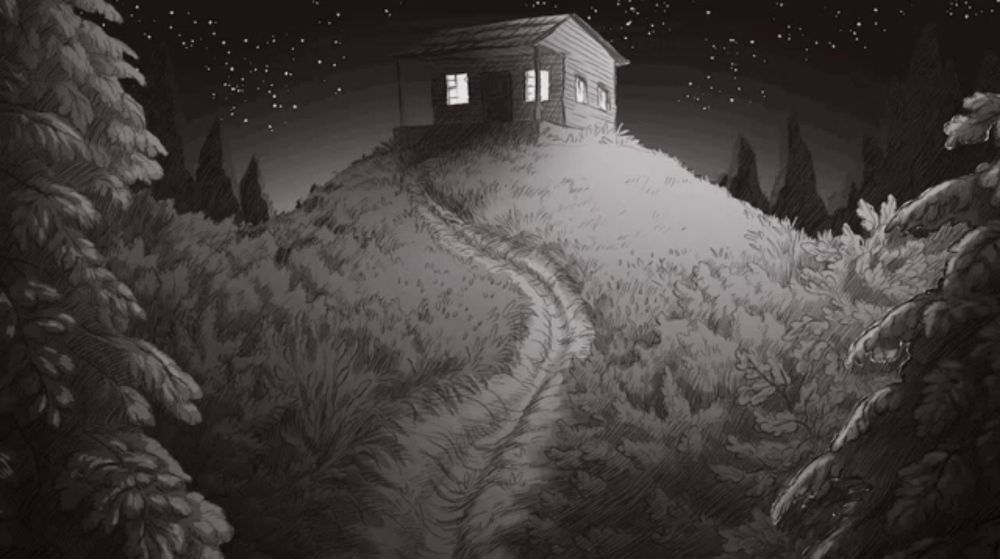 a black and white drawing of a house on a hill at night