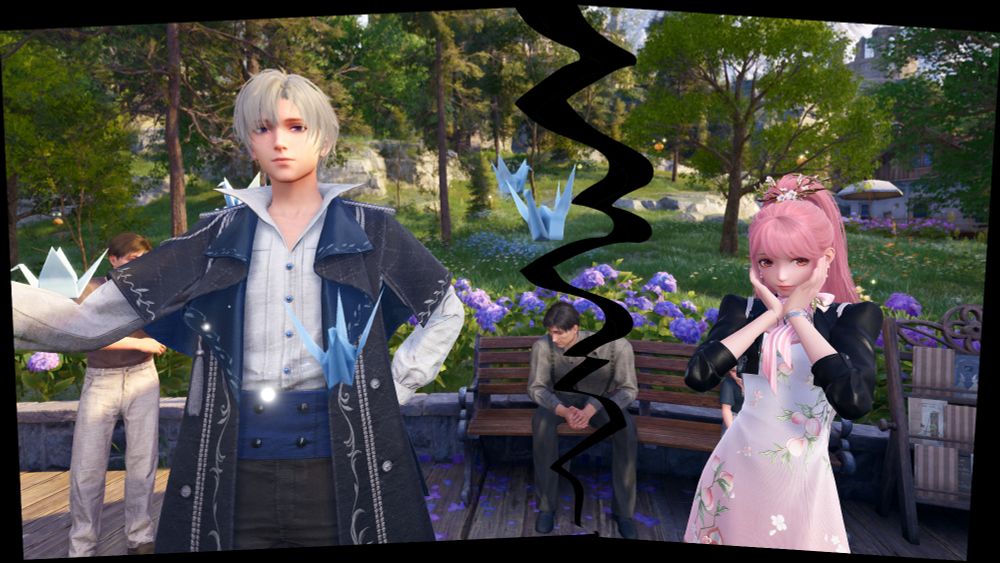 A screenshot from Infinity Nikki, with Giovanni and Nikki. the screenshot is torn separating the two characters. 