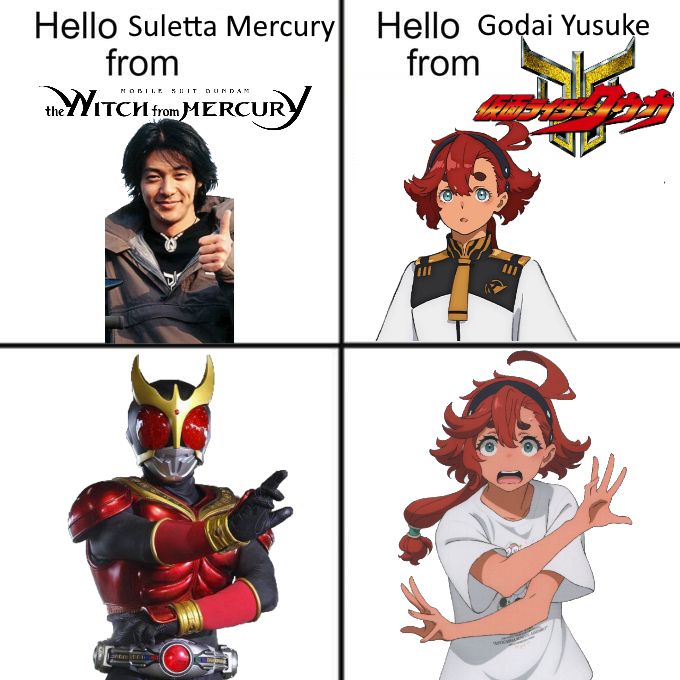 Godai Yusuke from Kamen Rider Kuuga and Suletta Mercury from Mobile Suit Gundam the Witch from Mercury