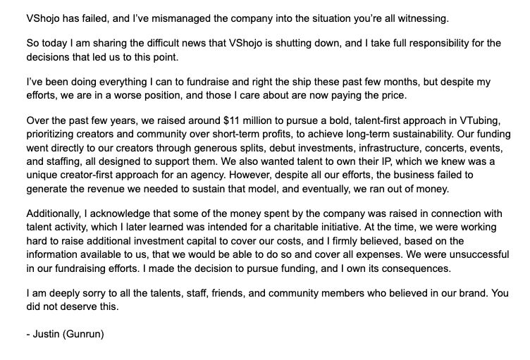 Gunrun (VShojo's CEO) statement about VShojo's controversy and, now, closure.