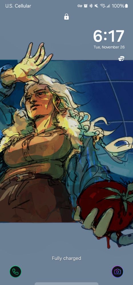 Art of the character Elliemay Settlesdottir from the audio drama Breathing Space.  She is an older woman with braided hair waving in the wind.  She is shielding her eyes from the light and holding a tomato, dripping as if covered in blood.  