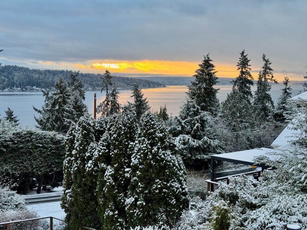 A snowy sunrise over Lake Washington