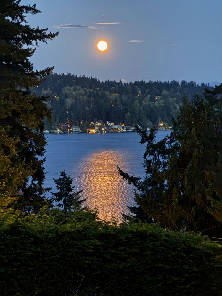 The full moon rising over Lake Washington and castings its glowing reflection on the water.