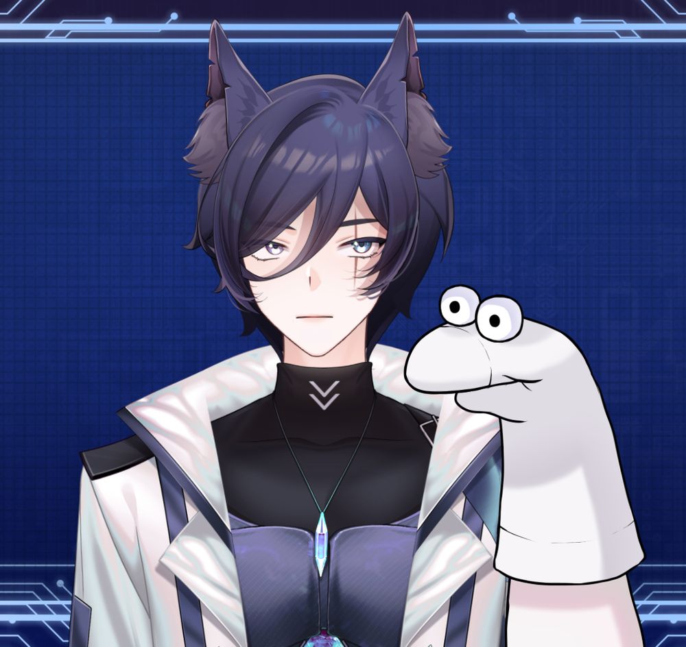 Severus, a cat boy, holds a sock puppet.
