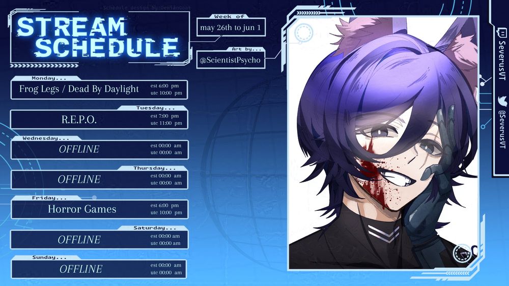 Monday, May 26th - Frog Legs / Dead By Daylight
Tuesday, May 27th - R.E.P.O. collab
Friday, May 30th - Horror games (Kiosk and The Boba Tea Shop)
