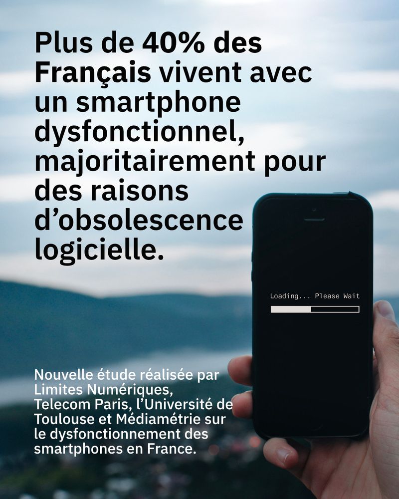"Plus de 40% des Français vivent avec un smartphone dysfonctionnel, majoritairement pour des raisons d’obsolescence logicielle."
Une image tenant un téléphone affichant "Loading Please wait"