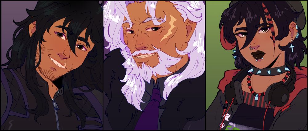 Left to right: Inigo Comellas, Sir Darios Segreras, Mercedes Segura.

A digital drawing of three character headshots. The leftmost one is a man with medium skin and messy black hair grinning widely. The middle one is an elderly man with medium skin and a long scar on his face, and white hair and a white beard, grinning suavely. The rightmost one is a frowning teen with medium skin and a goth punk style, short black hair with streaks of red, and dark lipstick.