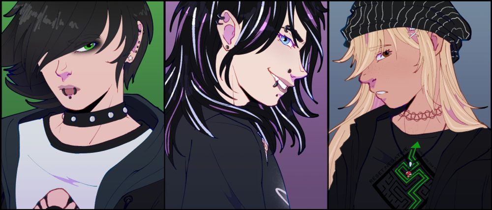 Left to right: Brendon "Bren" Gallagher, Sebastian "Galaxy" Galanis, Haley Adams.

A digital drawing of three character headshots. The leftmost one is an emo character with black hair covering most of the top of his face with part of a green eye peaking from underneath as he frowns. The middle one is a man seen from the side with black hair streaked with purple and white, grinning slyly. The rightmost is a woman with blond hair looking with concern off to the side.