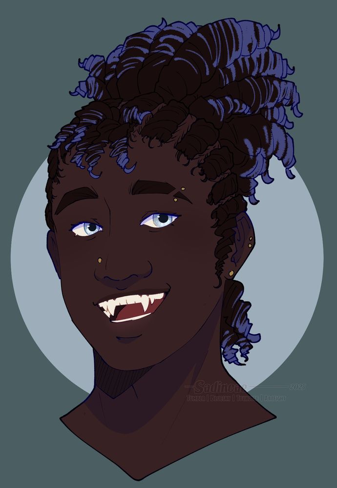 A digital drawing. A headshot of a young masculine character with dark skin, pale silvery blue eyes, and dark curly hair streaked with blue on the ends that is braided back into a high ponytail. He is smiling widely, showing his fangs.