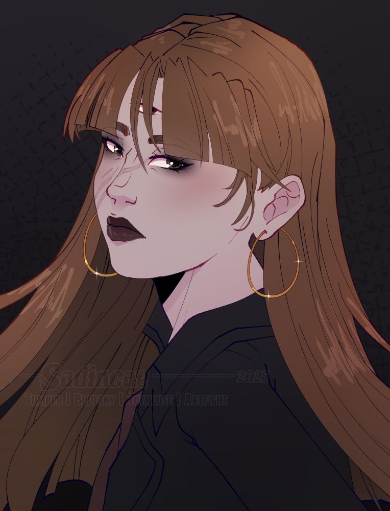 A digital drawing of a woman wearing a dark jacket and gold hoop earrings, as well as dark lipstick and makeup around her eyes. She has straight brown hair with bangs that cover a third eye on her forehead, and scarring across her face. 
