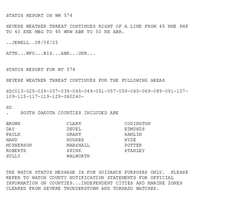 

STATUS REPORT ON WW 574

SEVERE WEATHER THREAT CONTINUES RIGHT OF A LINE FROM 45 NNE PHP
TO 40 ENE MBG TO 45 WNW ABR TO 50 NE ABR.

..JEWELL..08/06/25

ATTN...WFO...BIS...ABR...UNR...


STATUS REPORT FOR WT 574 

SEVERE WEATHER THREAT CONTINUES FOR THE FOLLOWING AREAS 

SDC013-025-029-037-039-045-049-051-057-059-065-069-089-091-107-
109-115-117-119-129-060240-

SD 
.    SOUTH DAKOTA COUNTIES INCLUDED ARE

BROWN                CLARK               CODINGTON           
DAY                  DEUEL               EDMUNDS             
FAULK                GRANT               HAMLIN              
HAND                 HUGHES              HYDE                
MCPHERSON            MARSHALL            POTTER              
ROBERTS              SPINK               STANLEY             
SULLY                WALWORTH            


THE WATCH STATUS MESSAGE IS FOR GUIDANCE PURPOSES ONLY.  PLEASE
REFER TO WATCH COUNTY NOTIFICATION STATEMENTS FOR OFFICIAL
INFORMATION ON COUNTIES...INDEPENDENT CITIES AND MARINE ZONES
CLEARED FROM SEVERE THUNDERSTORM AND TORNADO WATCHES.

