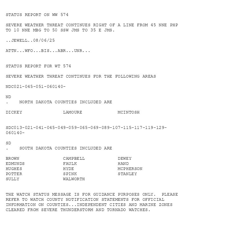 

STATUS REPORT ON WW 574

SEVERE WEATHER THREAT CONTINUES RIGHT OF A LINE FROM 45 NNE PHP
TO 10 NNE MBG TO 50 SSW JMS TO 35 E JMS.

..JEWELL..08/06/25

ATTN...WFO...BIS...ABR...UNR...


STATUS REPORT FOR WT 574 

SEVERE WEATHER THREAT CONTINUES FOR THE FOLLOWING AREAS 

NDC021-045-051-060140-

ND 
.    NORTH DAKOTA COUNTIES INCLUDED ARE

DICKEY               LAMOURE             MCINTOSH            


SDC013-021-041-045-049-059-065-069-089-107-115-117-119-129-
060140-

SD 
.    SOUTH DAKOTA COUNTIES INCLUDED ARE

BROWN                CAMPBELL            DEWEY               
EDMUNDS              FAULK               HAND                
HUGHES               HYDE                MCPHERSON           
POTTER               SPINK               STANLEY             
SULLY                WALWORTH            


THE WATCH STATUS MESSAGE IS FOR GUIDANCE PURPOSES ONLY.  PLEASE
REFER TO WATCH COUNTY NOTIFICATION STATEMENTS FOR OFFICIAL
INFORMATION ON COUNTIES...INDEPENDENT CITIES AND MARINE ZONES
CLEARED FROM SEVERE THUNDERSTORM AND TORNADO WATCHES.
