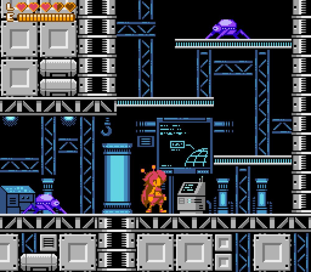a nes style mockup of a platformer set in a dark lab looking space