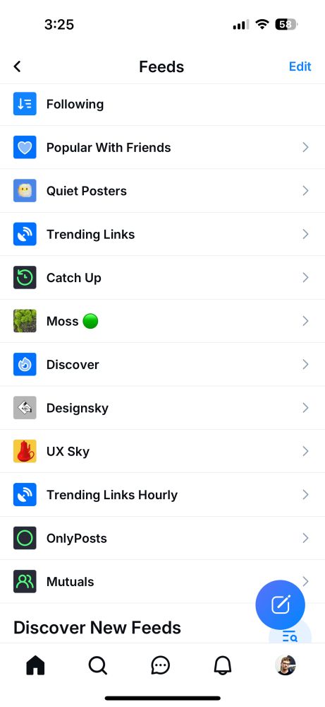 List of feeds showing Following, Popular with Friends, Quiet Posters, Trending Links, Catch Up, Moss, Discover, Designsky, UX Sky, Trending Links Hourly, OnlyPosts, Mutuals