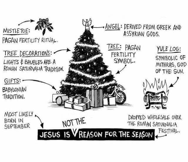 The image depicts a black-and-white drawing of a Christmas tree decorated with garland and ornaments, with gifts beneath. There is also a small drawing of a mistletoe and a burning Yule log. There are arrows pointing to myriad so-called Christmas traditions, explaining where each actually originated. The text reads: 

MISTLE TOE:
PAGAN FERTILITY RITUAL.

TREE DECORATIONS:
LIGHTS $ BAUBLES ARE A ROMAN SATURALIA TRADITION.

GIFTS:
BABYLONIAN TRADITION.

JESUS: 
MOST LIKELY BORN IN
SEPTEMBER

ANGEL: 
DERIVED FROM GREEK AND ASSYRIAN GODS.

TREE: 
PAGAN FERTILITY SYMBOL.

YULE LOG:
SYMBOLIC OF MITHRAS, GOD OF THE SUN.

[Christmas tradition] DROPPED WHOLESALE OVER THE ROMAN SATURNALIA FESTIVAL 

JESUS IS *NOT* REASON FOR THE SEASON.

L'image représente un dessin en noir et blanc d'un arbre de Noël décoré de guirlandes et d'ornements, avec des cadeaux en dessous. Il y a aussi un petit dessin de gui et d'une bûche de Noël en feu. Il y a des flèches pointant vers une myriade de soi-disant traditions de Noël, expliquant d'où chacune d'elles provient réellement. Le texte dit :

GUI :
RITUEL DE FERTILITÉ PAÏEN.

DÉCORATIONS D'ARBRE :
LES LUMIÈRES ET LES BOULETTES SONT UNE TRADITION ROMAINE DE SATURALIA.

CADEAUX :
TRADITION BABYLONIENNE.

JÉSUS :
NÉ PROBABLEMENT EN
SEPTEMBRE

ANGE :
DÉRIVÉ DES DIEUX GRECS ET ASSYRIENS.

ARBRE :
SYMBOLE DE FERTILITÉ PAÏEN.

BÛCHE DE NOËL :
SYMBOLIQUE DE MITHRAS, DIEU DU SOLEIL.

[Tradition de Noël] ABANDON DES VENTES EN GROS POUR LA FÊTE ROMAINE DES SATURNALES

JÉSUS N'EST *PAS* LA RAISON DE CETTE SAISON.