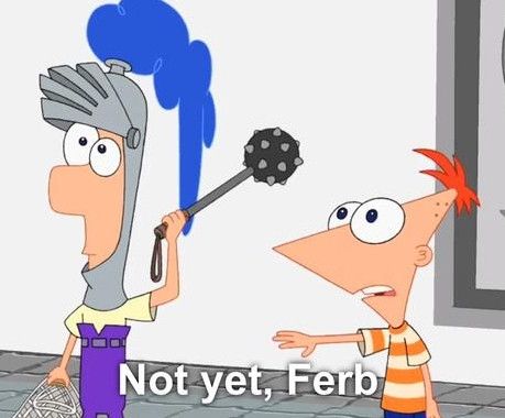 Phineas and Ferb standing side by side, Ferb having donned a knight's helmet and brandishing a morning star club, ready to strike. Phineas holds out his hand and states, "not yet, Ferb," presumably to hold him back from bludgeoning some fellow who may or may not deserve it. 