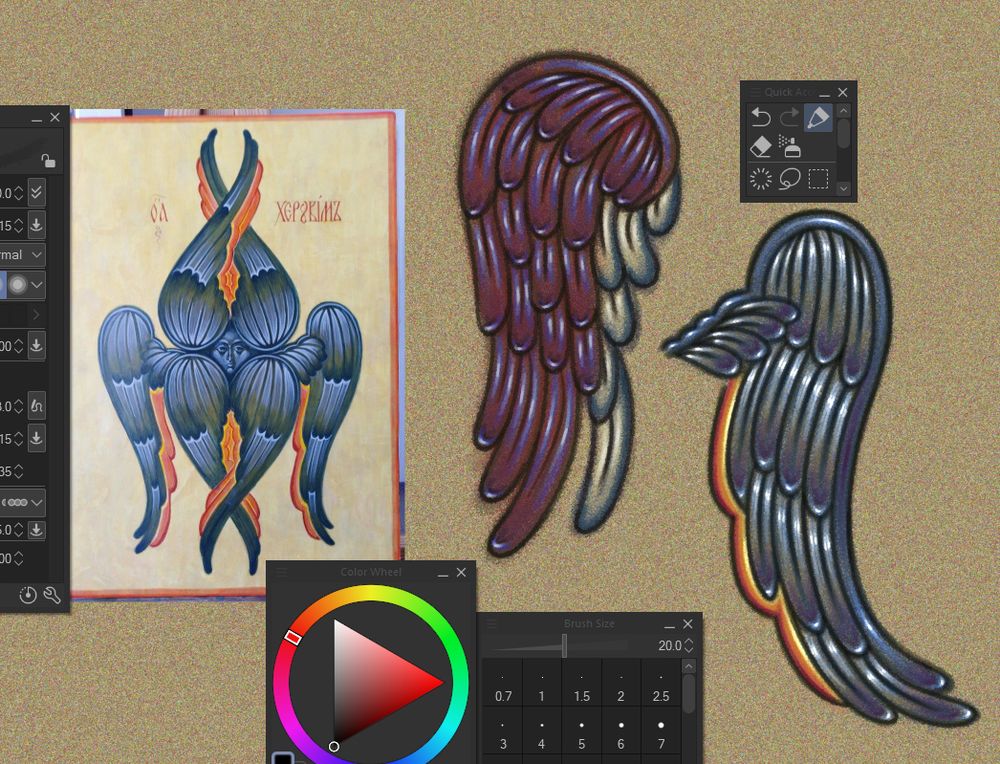 Screenshot of a digital drawing of two Icon style wings with a reference image of a Seraph on the left. 