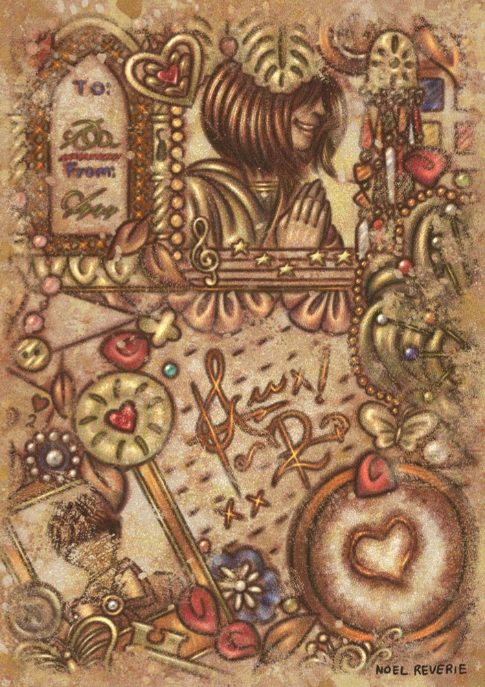 Digital artwork of a "cozy religious autumn coffee knick knack" themed letter stationery that's stylized like a weathered ancient mural. 
