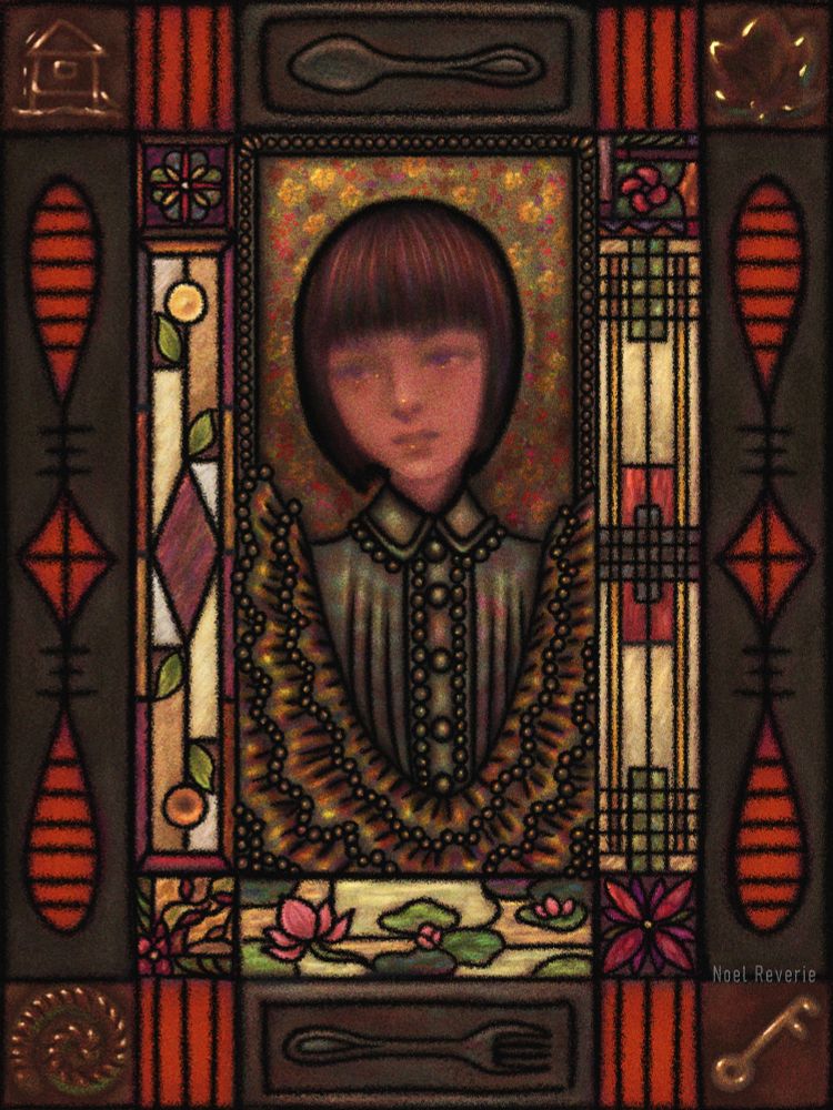 Digital painting that serves as a style and texture rendering test of tiles, metal and stained glass. 