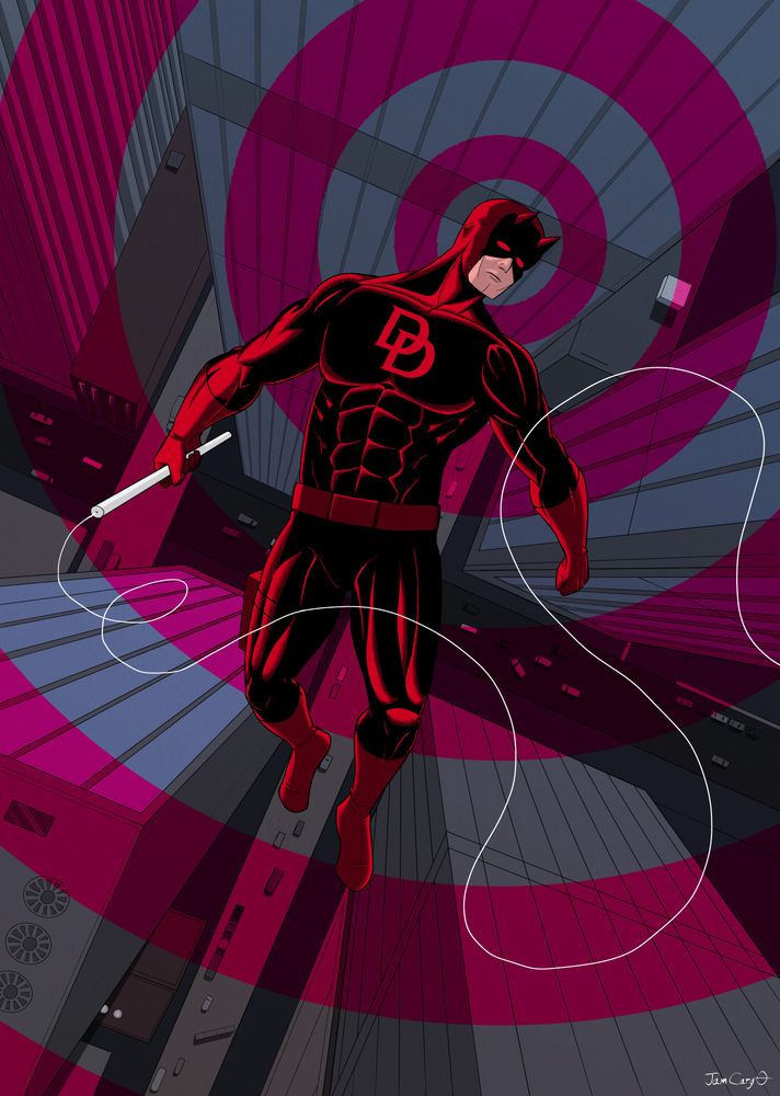 Daredevil Jumps across a group of buildings. His radar sense is shown from his head. 