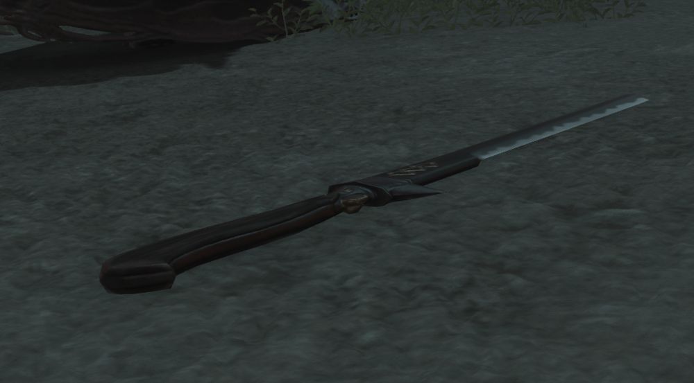 zenos' katana, broken in half on the sands of rhalgr's reach