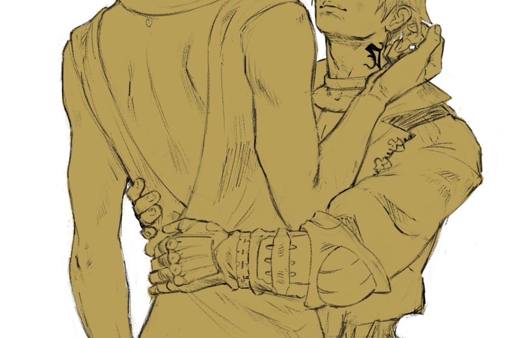 an unfinished sketch of thancred & urianger. Urianger's hand is lifted to touch his hair, Thancred's hands are on her waist, pulling her close.