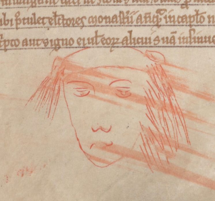 close-up of manuscript page margin, showing smeared red-ink sketch of a person's face