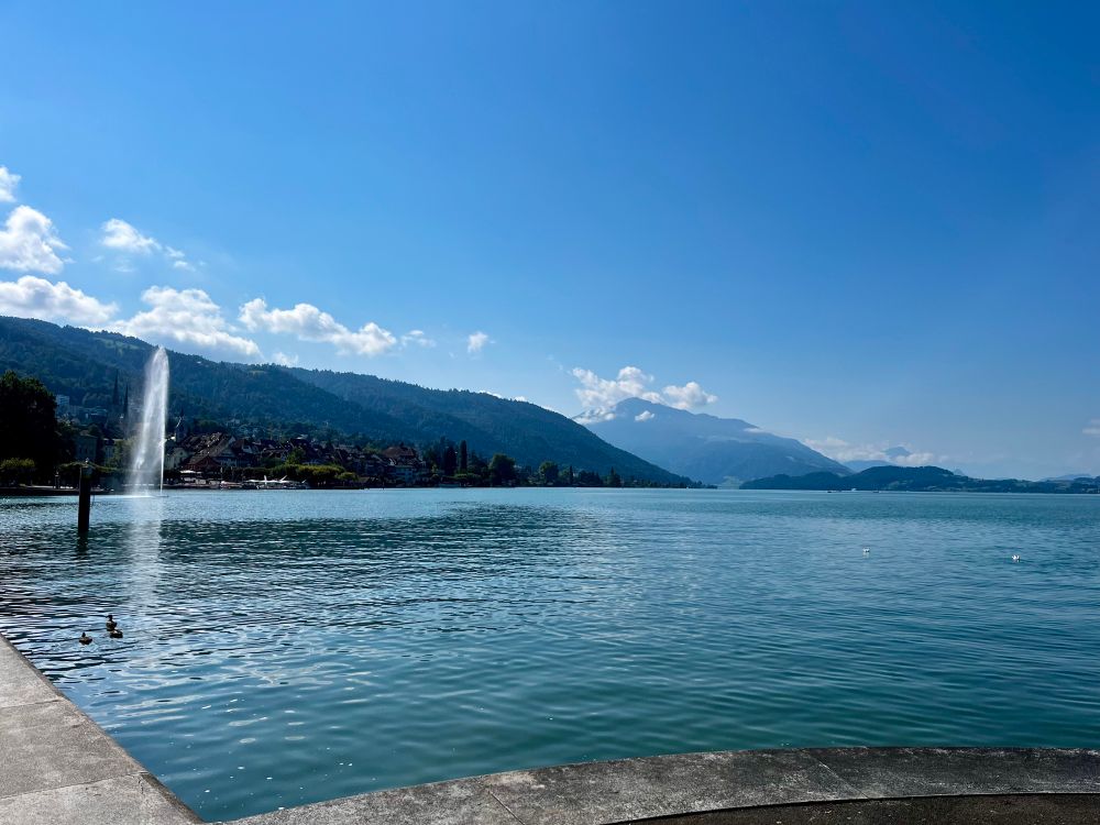 A lake view with fountain on the left and hills and a mountain. 