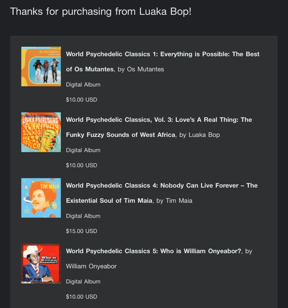 Receipt for purchasing four digital editions of “World Psychedelic Classics” on Bandcamp