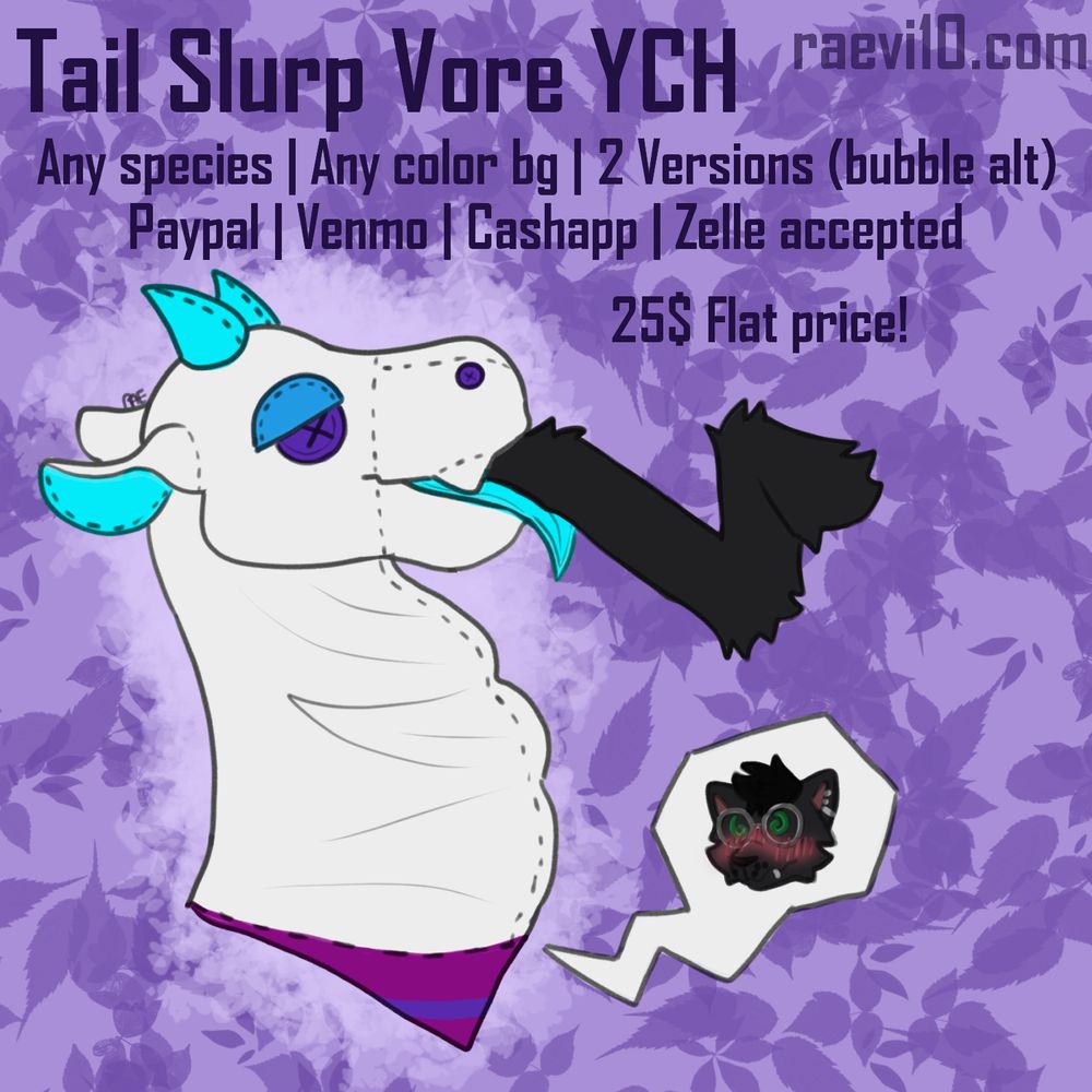a plush dragon with a white head and long neck, blue horns ears and tongue and purple button eyes swallowing someone, their kinked black tail sticking out and a doodle of their flushed face in a bubble pointing to their throat
