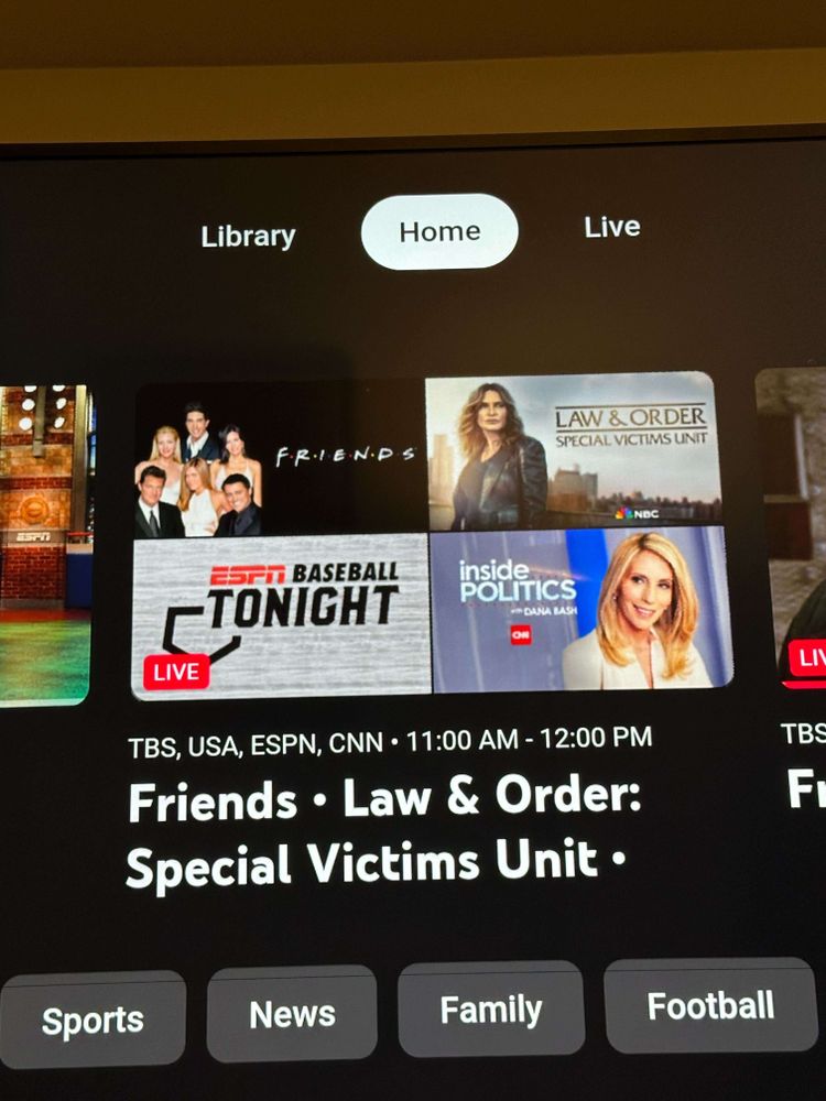 YouTube TV preview window for a quad box of Friends, Law and Order SVU, Baseball Tonight, and CNN, on TBS, USA, ESPN, and CNN.