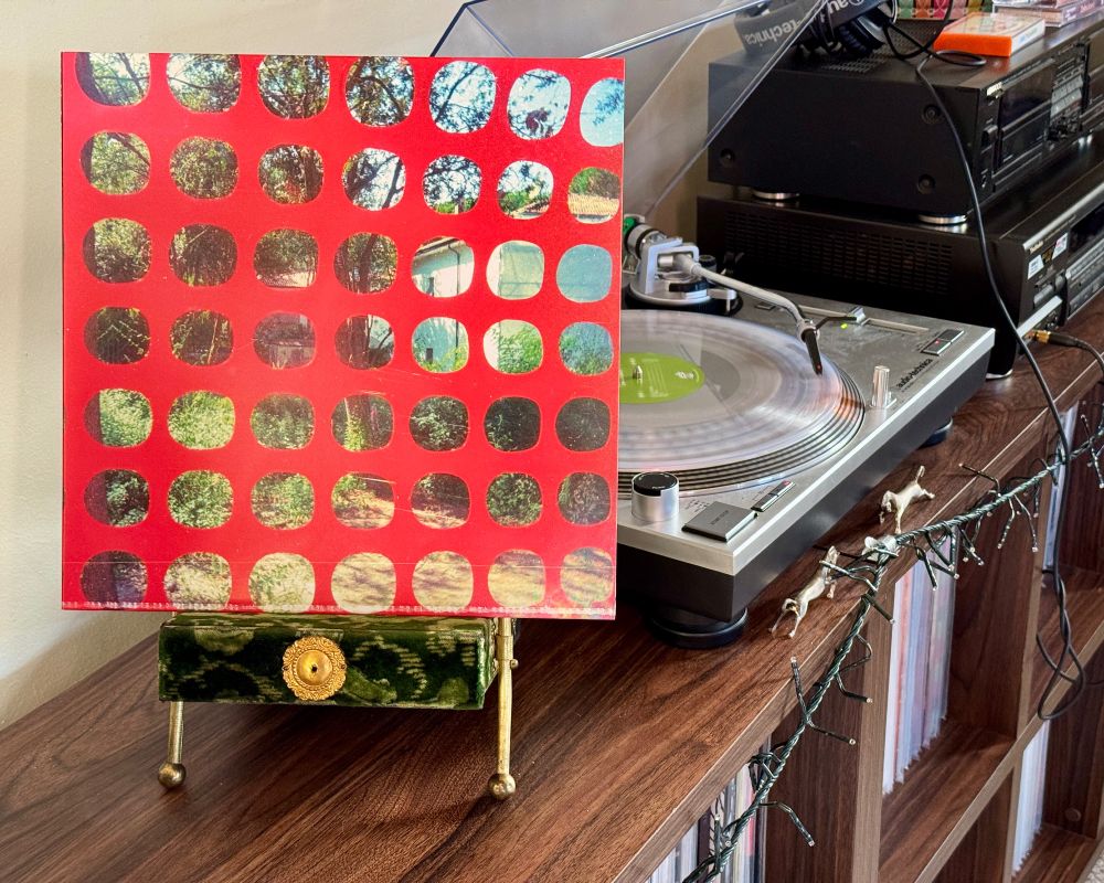 Vinyl copy of the John Dwyer collective’s album “Endless Garbage” sitting on a velvet Victorian photo stand. The record plays on a turntable beside it. Sitting below is a record storage shelf illuminated by a string of Christmas lights.

#freejazz
#nowspinning
#johndwyer