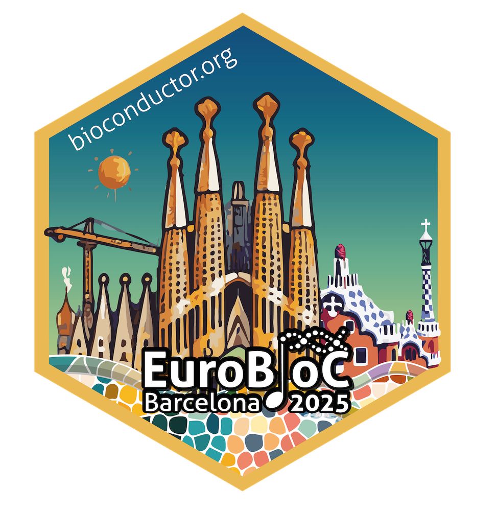 EuroBioC2025 hex sticker design featuring the Sagrada Família in the centre, vibrant mosaic patterns inspired by Park Güell at the bottom, and other Barcelona landmarks like the crane and towers. The Bioconductor logo replaces the "i" in "BioC", and "bioconductor.org" is written across the top left. The overall shape is a yellow-bordered hexagon.