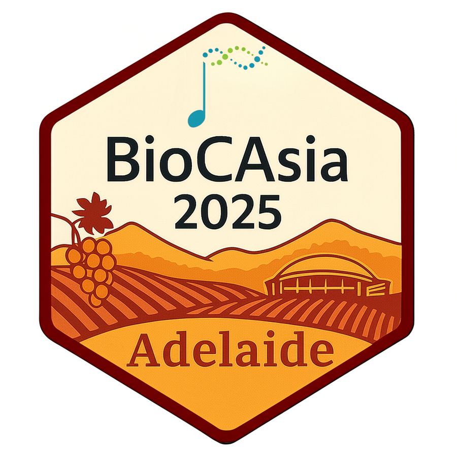 Hexagonal logo for BioCAsia 2025 in Adelaide, featuring a stylized landscape with vineyards, mountains, a convention center, a grape cluster, and Bioconductor logo