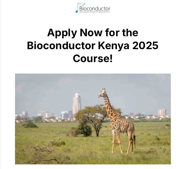 A giraffe standing in the Nairobi National Park with the city skyline in the background. Above the image, the Bioconductor logo is displayed, followed by bold black text that reads: 'Apply Now for the Bioconductor Kenya 2025 Course!