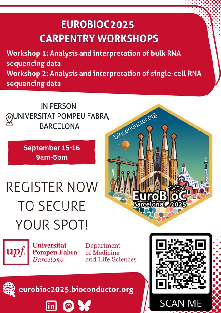 Flyer for EuroBioC2025 Carpentry Workshops in Barcelona, Sept 15–16, 2025. Includes two in-person workshops on bulk and single-cell RNA-seq analysis. Hosted at Universitat Pompeu Fabra. Features logos, QR code, and registration link: eurobioc2025.bioconductor.org.