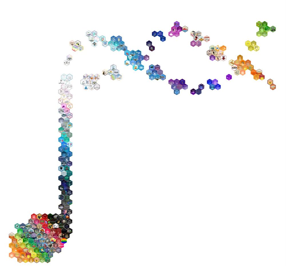 A musical note composed of small hexagonal package stickers, arranged in a gradient from dark to vibrant colors. The overall shape resembles a quaver (eighth note), forming a colorful, pixelated mosaic.