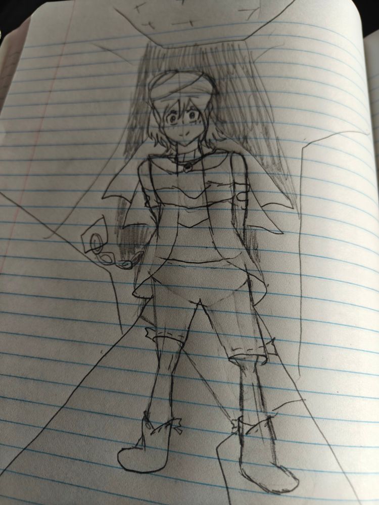 A pencil sketch of Suzumi Kuzu (Cine Hamal) standing in a hallway drawn from memory, mimicking a section from "The Razor" chapter of "Slay the Princess".