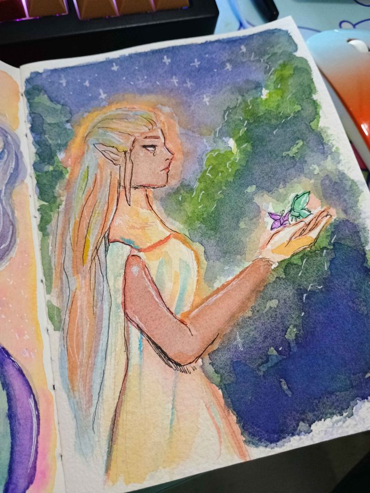 A woman holding two butterflies that are purple and green in a dark forest acting as her guide as she tries to navigate out