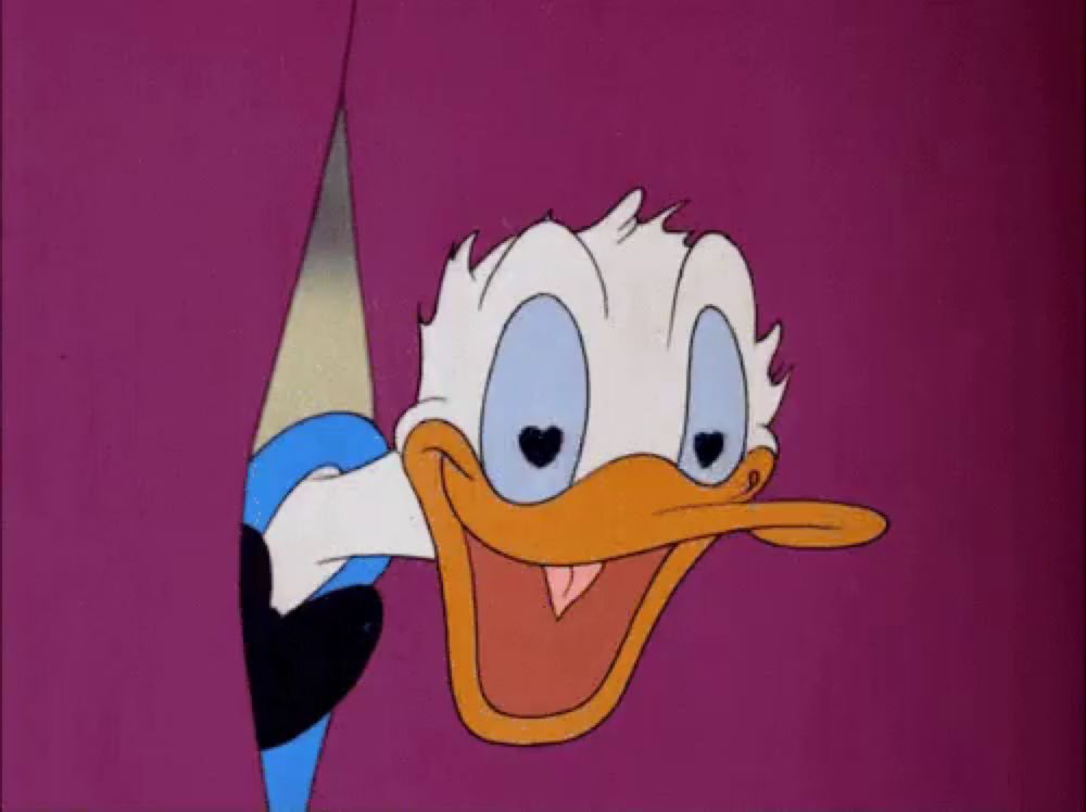 a cartoon of donald duck peeking through a curtain