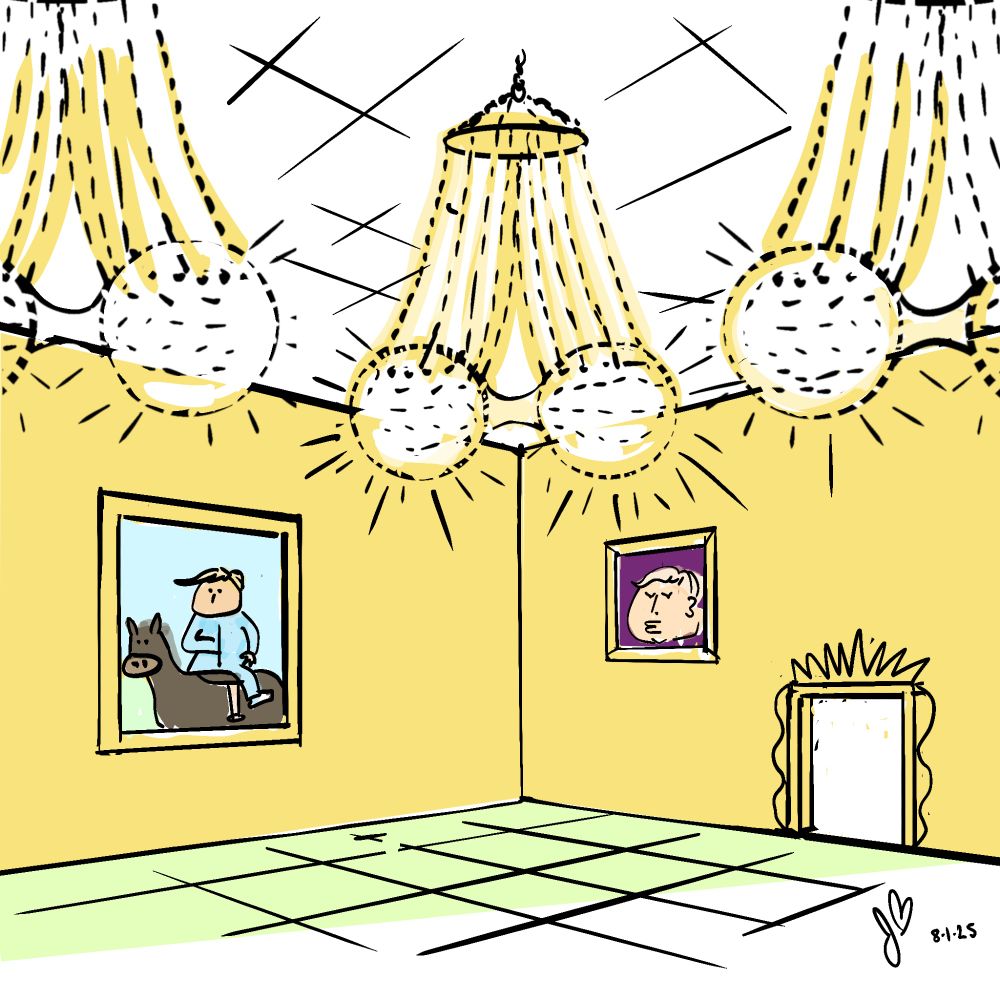 Cartoon: Gilded Trump Ballroom with chandeliers that look like scrotums, pictures of Trump on the walls.