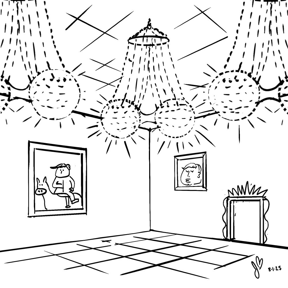 Cartoon view of the Trump Ballroom with his pictures on the walls and chandeliers that look like scrotums.