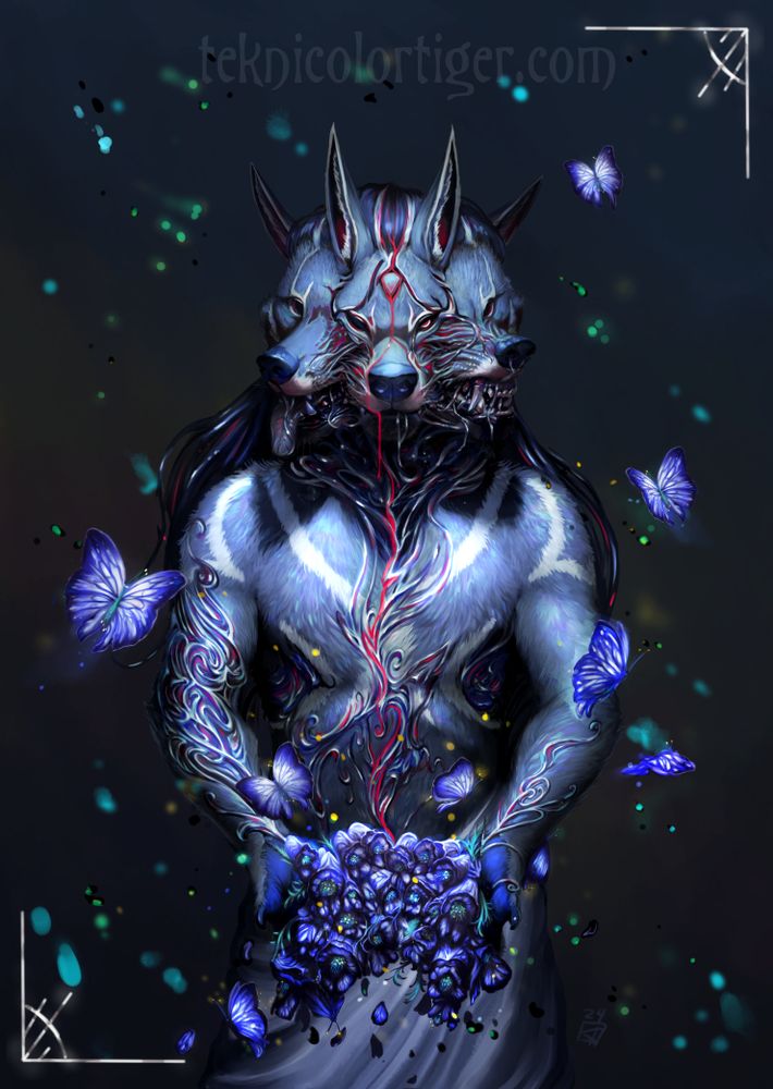 A surrealistic portrait of a three-headed, anthropomorphic, wolf, with arms outstretched towards the viewer. His hands are overflowing with wolfsbane flowers that seem to be breaking off into butterfly-like shapes that flutter around him. Silver tendrils coil and warp around the figure's limbs and chest, and emerge from cracks in his faces, interwoven with the tendon-like structures that fill the gaps between the three heads. The colors are vaguely translucent greens, magentas, and blues over grey fur, and the butterflies and flowers are a vivid violet blue against a dark background. The cooler tones are broken up by the occasional, bright red line threaded between the silver coils of the figure's body. A shower of green and teal "embers" cascade down around the figure and its butterflies at a slight angle like snow.