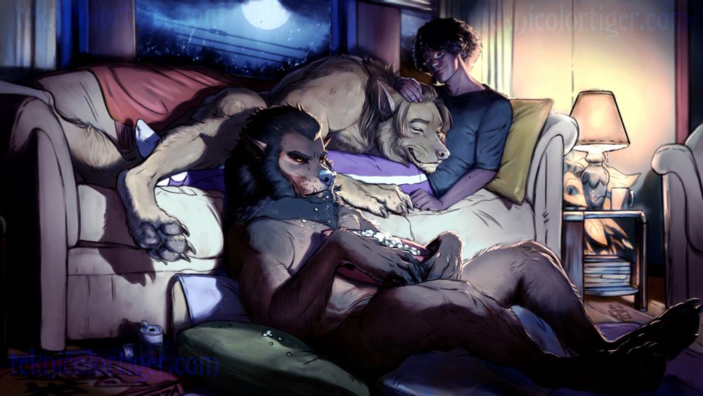 A cozy, living room scene of three characters - two of which are werewolves. One is on the floor, his back resting against the cough with a large bowl of popcorn between his forepaws. There are popcorn crumbs stuck to his nose and scattered about on his chest fur. Despite this, he's looking quite grumpy, likely because of the other two cuddling behind him, therefore ruining his full moon vibe. The werewolf on the couch rests over the human's legs with a peaceful and content look on his face, his head in the young man's lap, who is gently petting him. The window in the background frames a full moon peeking out between stormclouds as rain pelts the glass.