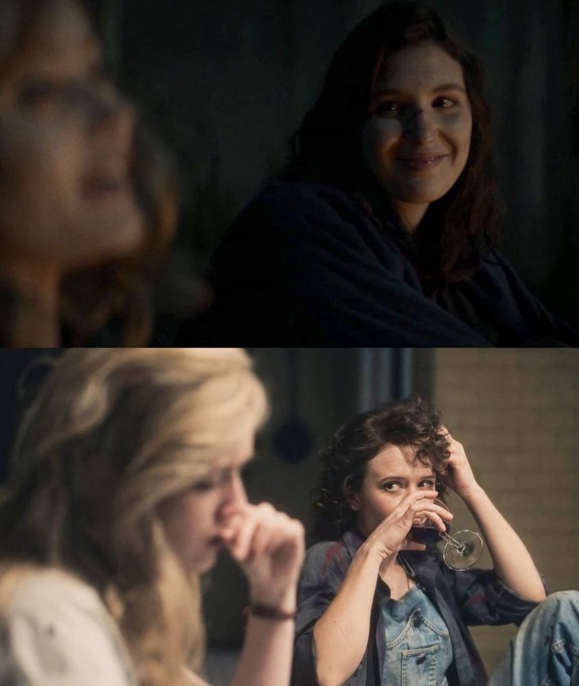 shauna from yellowjackets looking at jackie with heart eyes and below jamie from bly manor looking at dani with heart eyes 