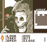 A screenshot of the game “Shadowgate Classic” for gameboy color. With action options across the bottom of the screen, a map on the right, and a large illustration of the grim reaper in the center.