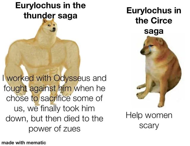 Eurylochus in the thunder saga
I worked with Odysseus and fought against him when he chose to sacrifice some of us, we finally took him down, but then died to the power of zues
made with mematic
Eurylochus in the Circe saga
Help women scary