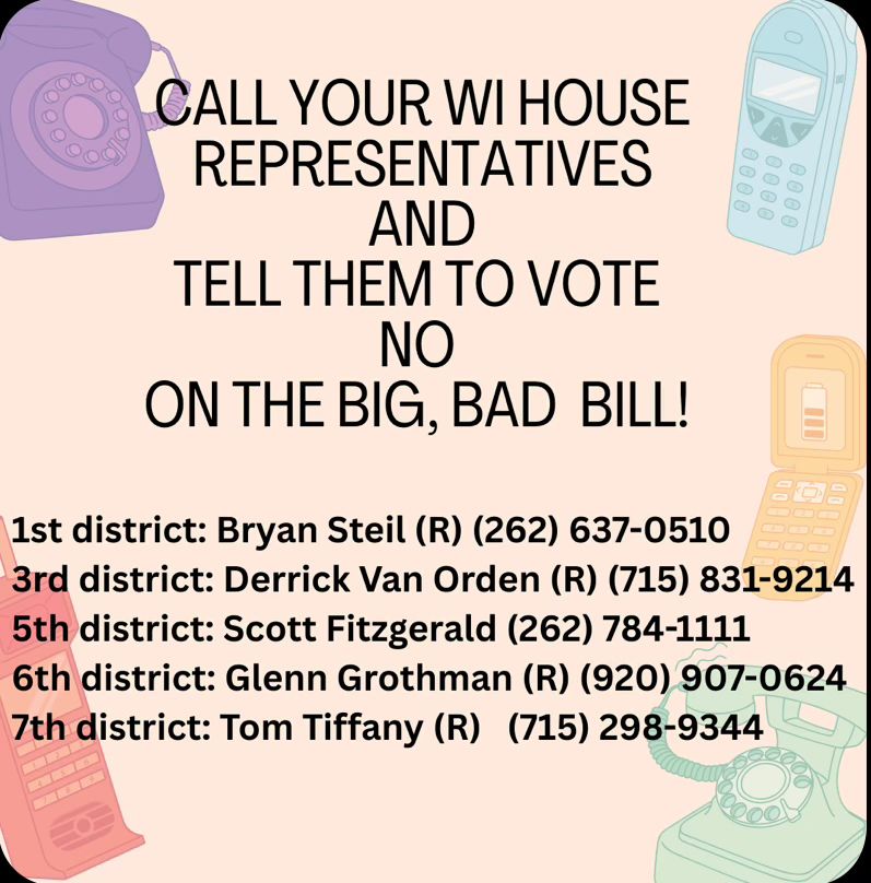 Phone numbers for GOP representatives in Wisconsin and a request to call them and request a no vote on the budget bill