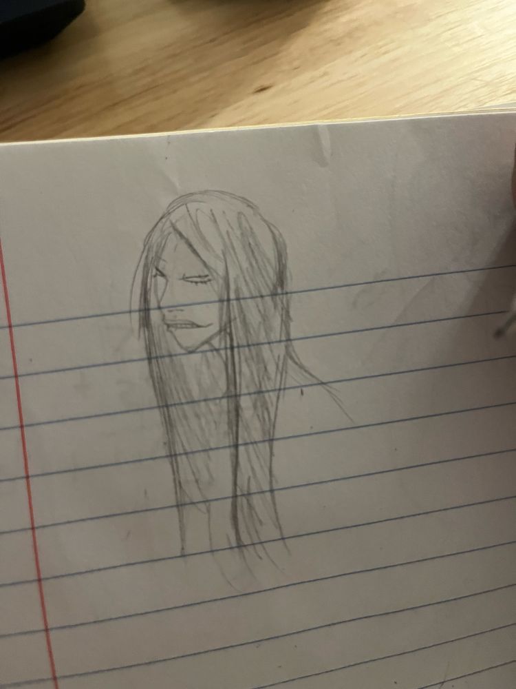 quick 3/4 bust doodle on lined paper of a cisswapped Nnoitra. Subject features long dark colored hair, sharp eyes, and a "shit eating" grin.